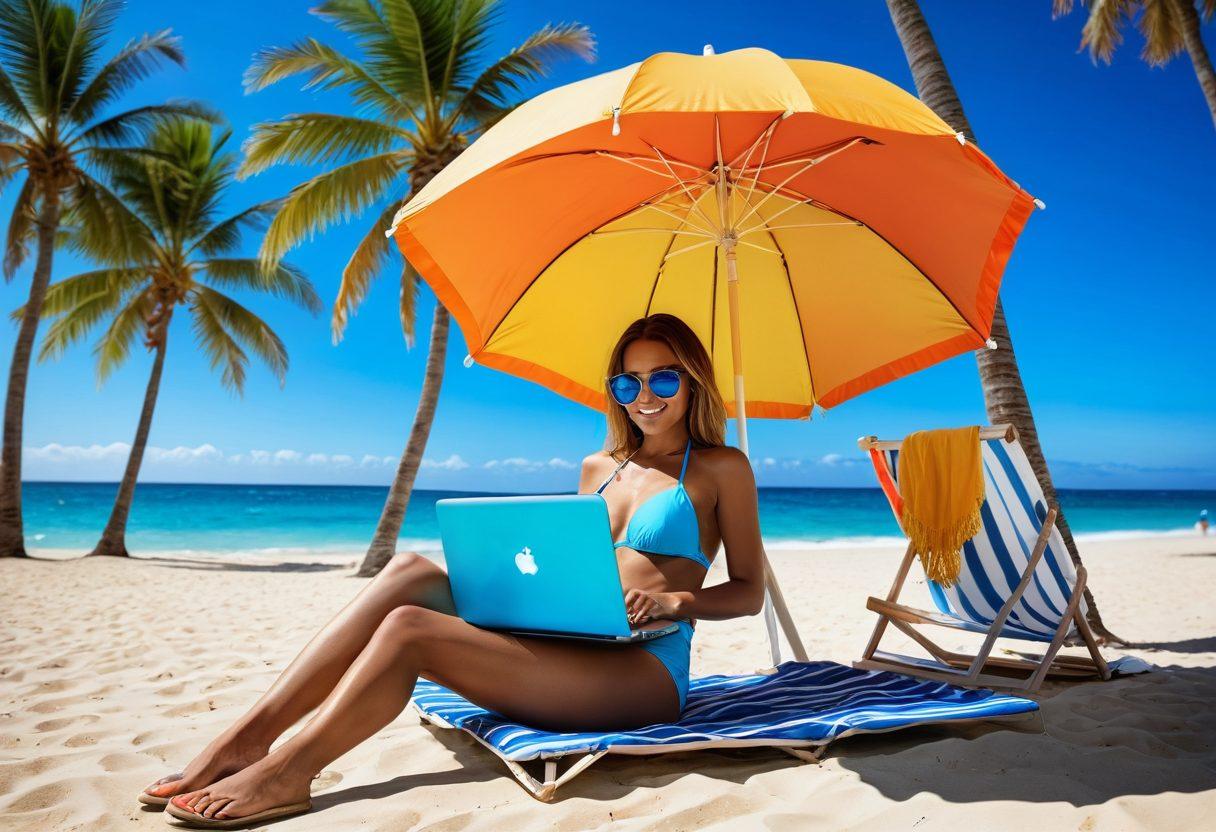 A vibrant beach scene featuring a stylish individual in a fashionable bikini, laptop in hand, enjoying the sun while managing an online business. Surrounding elements include beach accessories like sunglasses, flip-flops, and a stylish beach umbrella, with clear blue waters and palm trees in the background. The atmosphere conveys a sense of leisure and entrepreneurship. vivid colors. summer vibes.