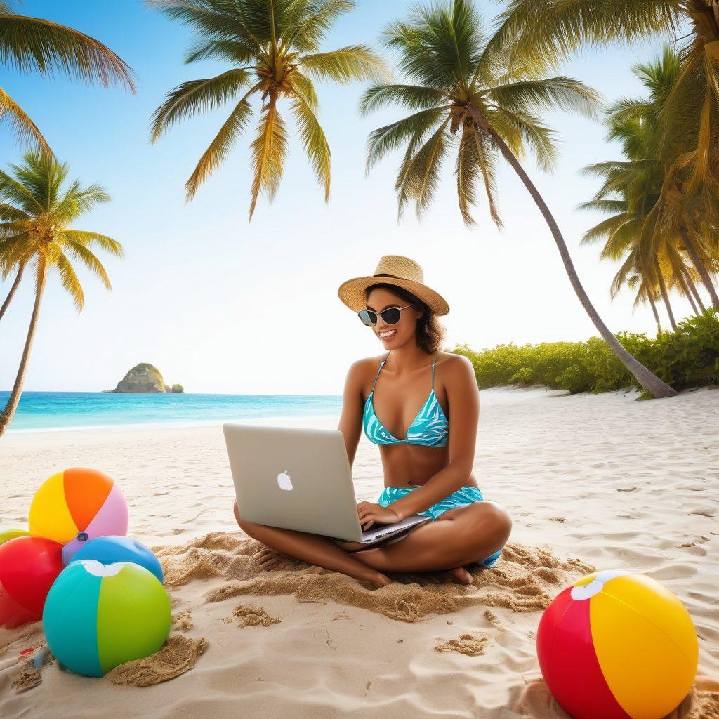 A lively beach scene transitioning into a modern office environment, where a relaxed individual in stylish beachwear types on a laptop surrounded by tropical elements like palm trees and beach balls. Include a vibrant ocean in the background along with symbols of finance like dollar signs and email icons subtly integrated into the sand. The contrast between leisure and professionalism should be emphasized. vibrant colors. super-realistic.